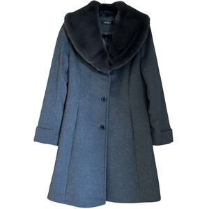Lauren Ralph Lauren Womens Coat Grey Faux Fur Collar Fit & Flare Button Size 4